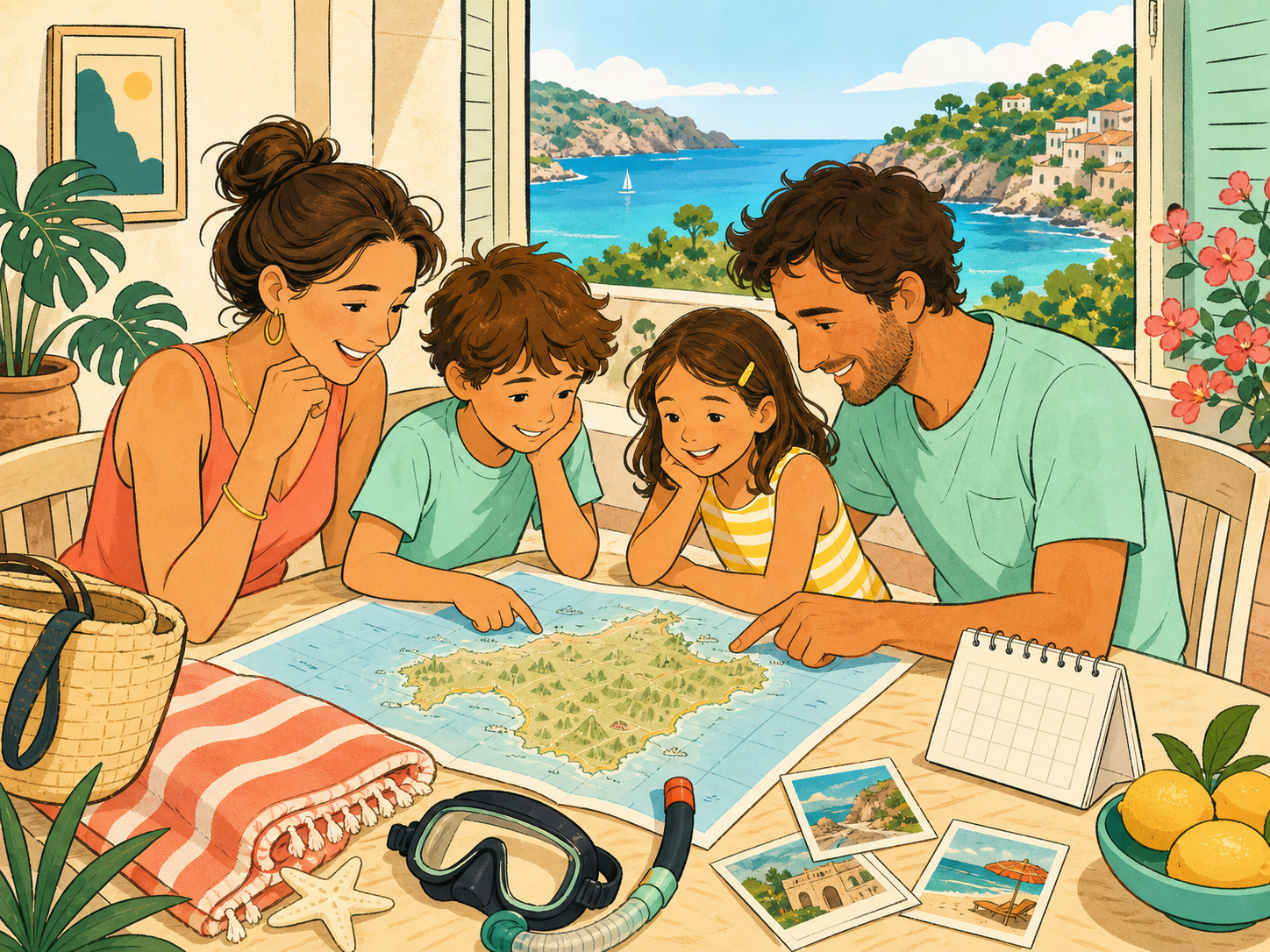 Illustrated family planning a Mallorca holiday